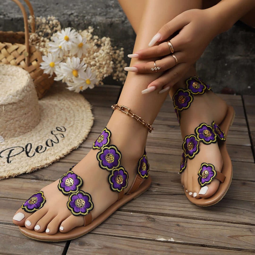 Ethnic Style Flowers Flat Sandals  Beach Shoes For Women - Walkaboutgirl 
